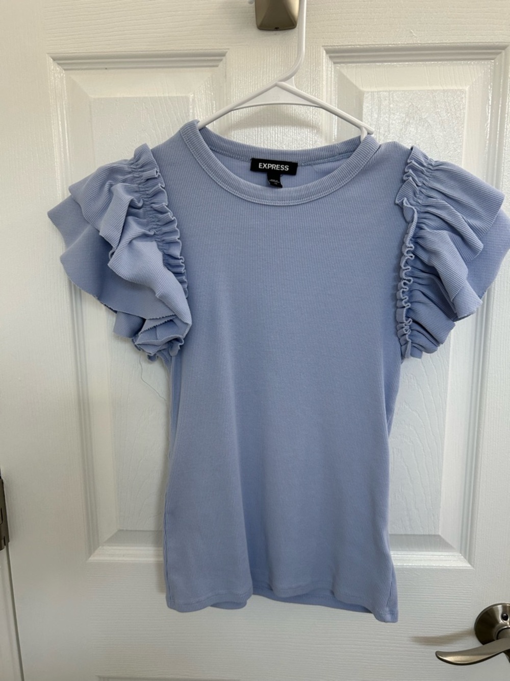 Express Light Periwinkle Ruffle Sleeve Short Sleeve Top